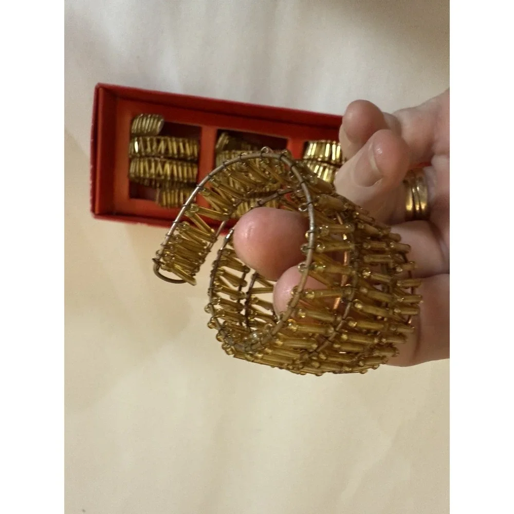 Vintage Pier 1 Gold Beaded Spiral Napkin Rings Ring Set of 4 NOS